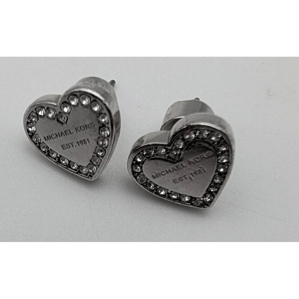 Michael Kors Silver Tone Crystal Heart Stud Earrings MK EST 1981 Logo